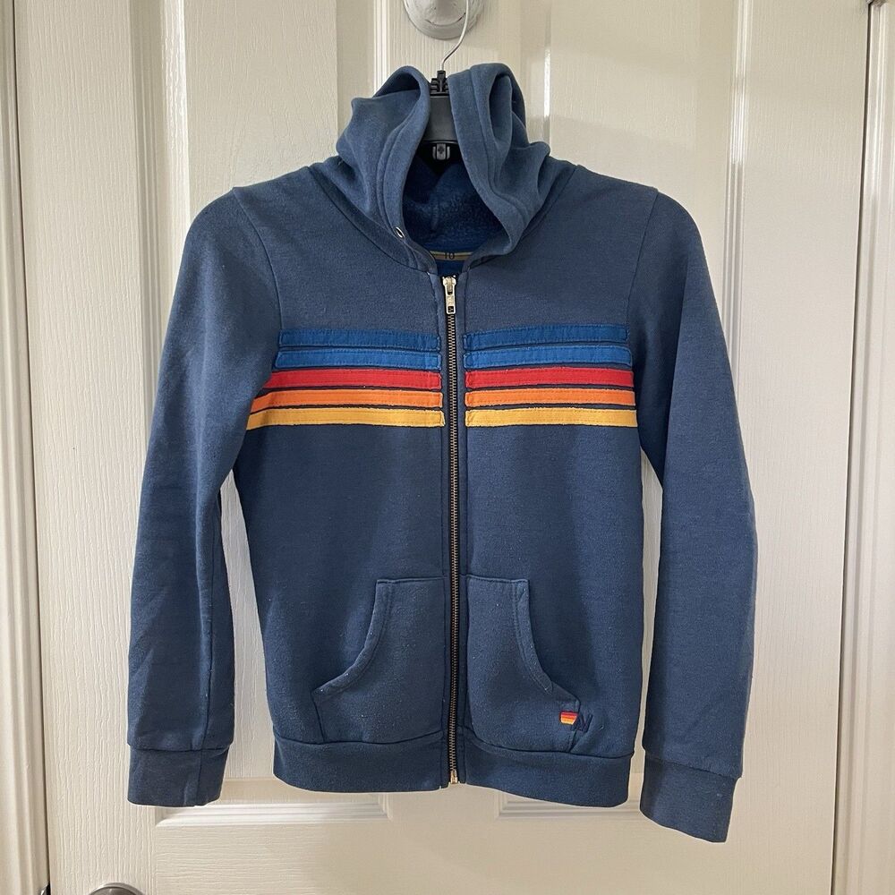 Aviator Nation Kid's Blue Rainbow 5 Stripe Hoodie Full Zip Size 10